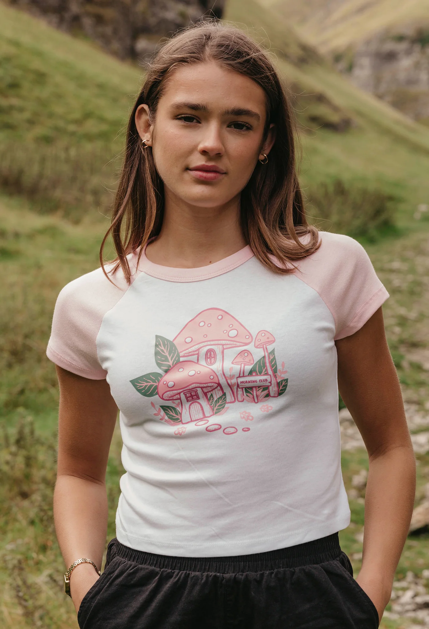 Mushroom Pink House Printed Micro Rib Baby Tee