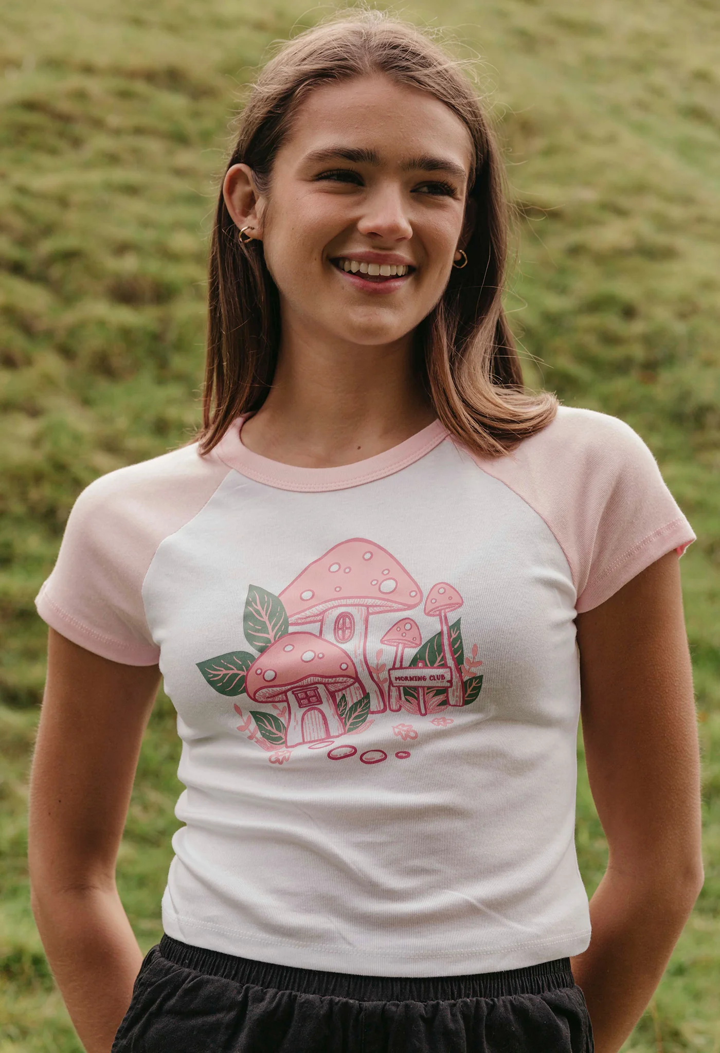 Mushroom Pink House Printed Micro Rib Baby Tee - Image 2